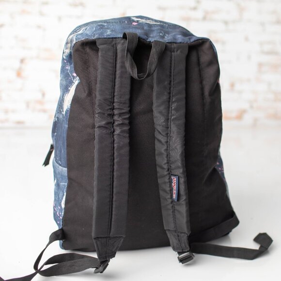 JanSport Backpack Distressed Denim Paint Splatter Print T501 Blue/Pink - Picture 4 of 9